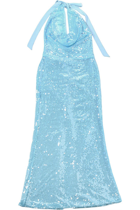 Sequin Halter Cowl Neck Backless Slit Dress Lavish Daily