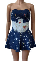 Strapless Print Ruffle Hem Short Denim Dress Lavish Daily