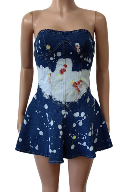 Strapless Print Ruffle Hem Short Denim Dress Lavish Daily