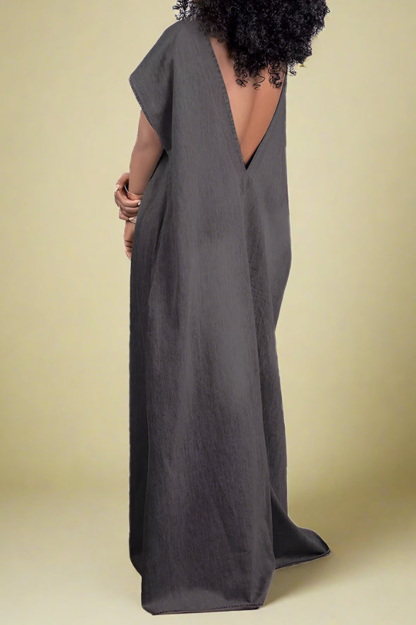 Denim V-Cut Back Maxi Dress Lavish Daily