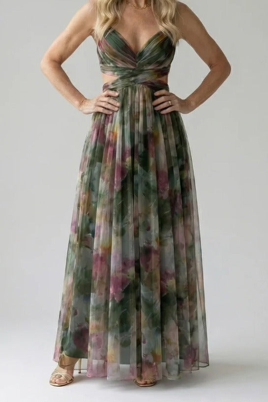Abstract Chiffon Cutout Backless Maxi Dress LavishDaily