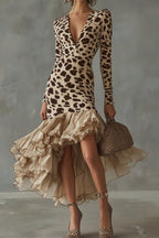 V Neck Long Sleeve Print Mesh Dress LavishDaily