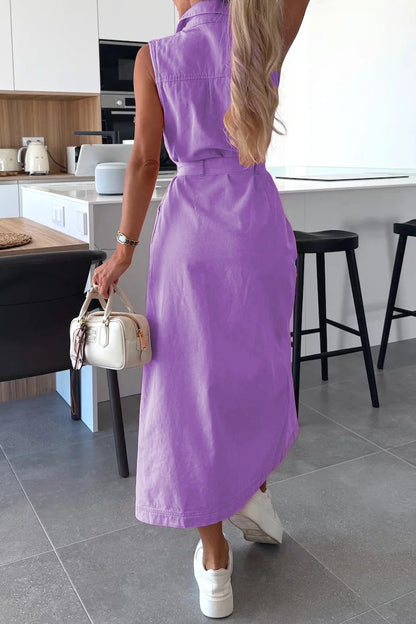 Sleeveless Belted Utility Maxi Shirt Dress Lavish Daily