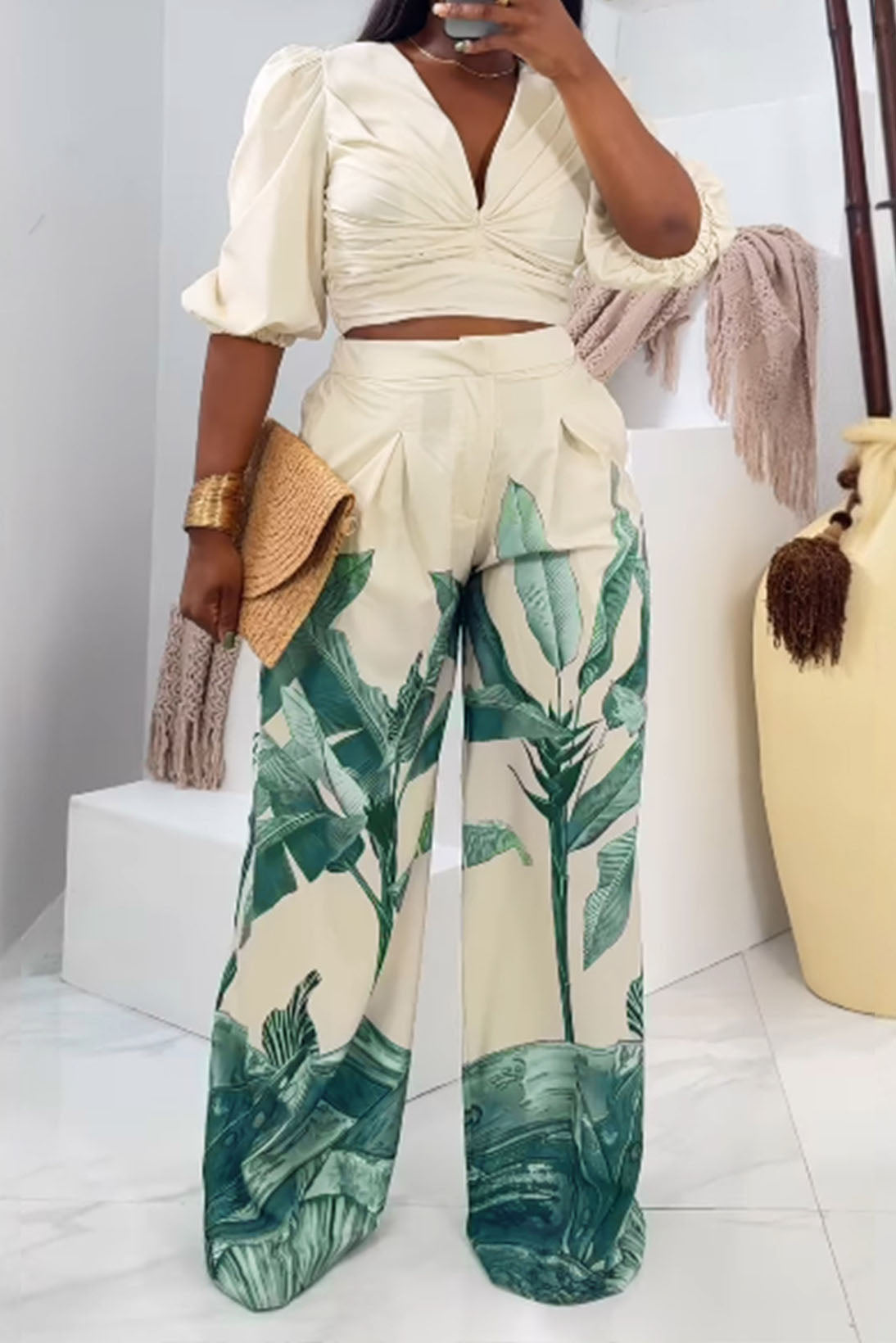 Printed V-Neck Wide-Leg Pants Set Lavish Daily