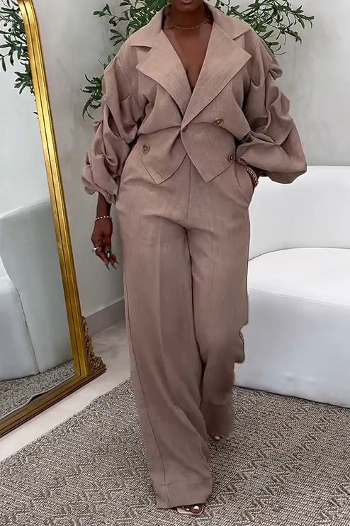 Casual Big Collar Ruched Sleeve Top & Pants Set Lavish Daily