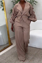 Casual Big Collar Ruched Sleeve Top & Pants Set Lavish Daily