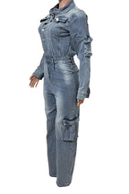 Washed Denim Utility Wide Leg Jumpsuit Lavish Daily