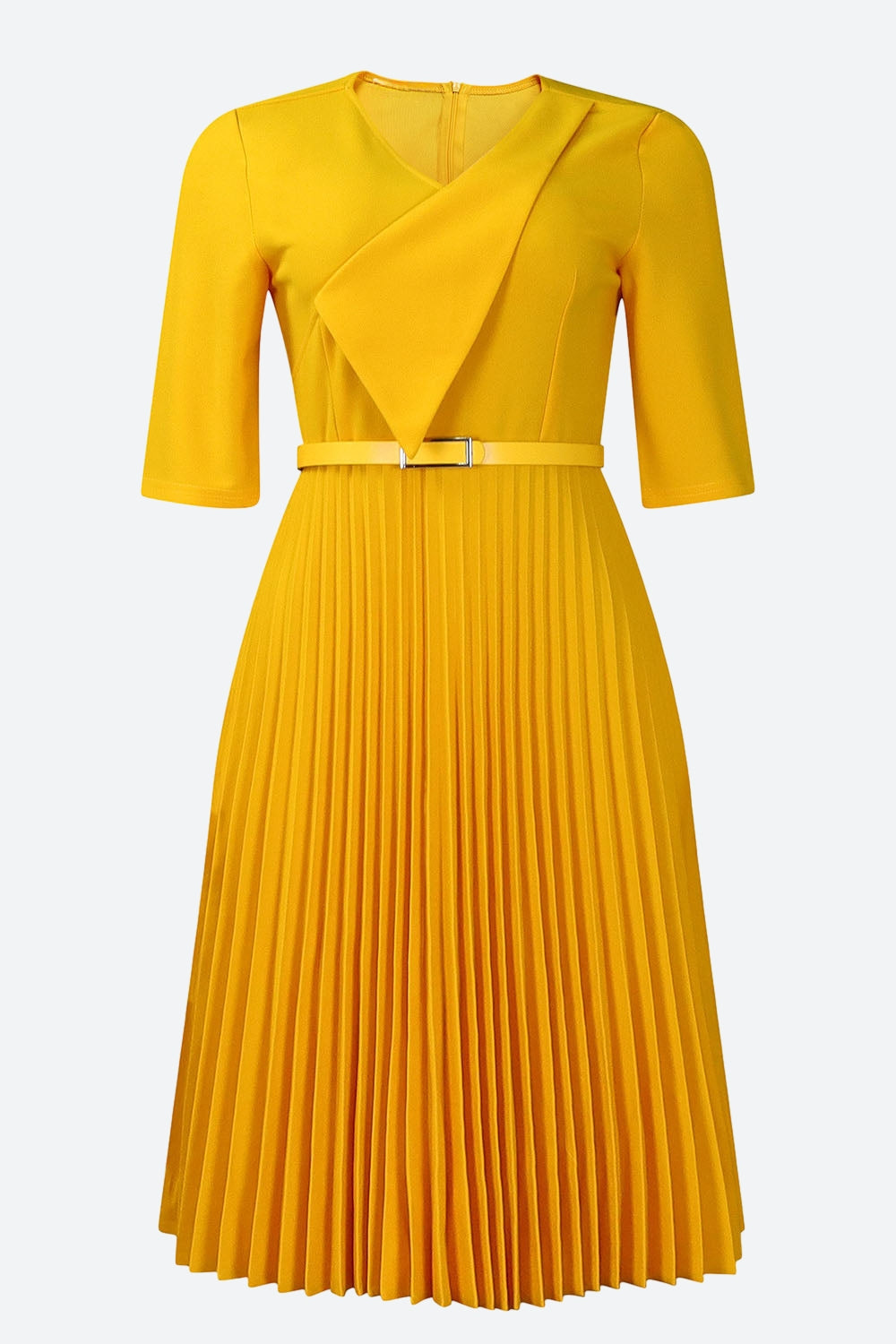 Solid Belted Pleated Dress Lavish Daily