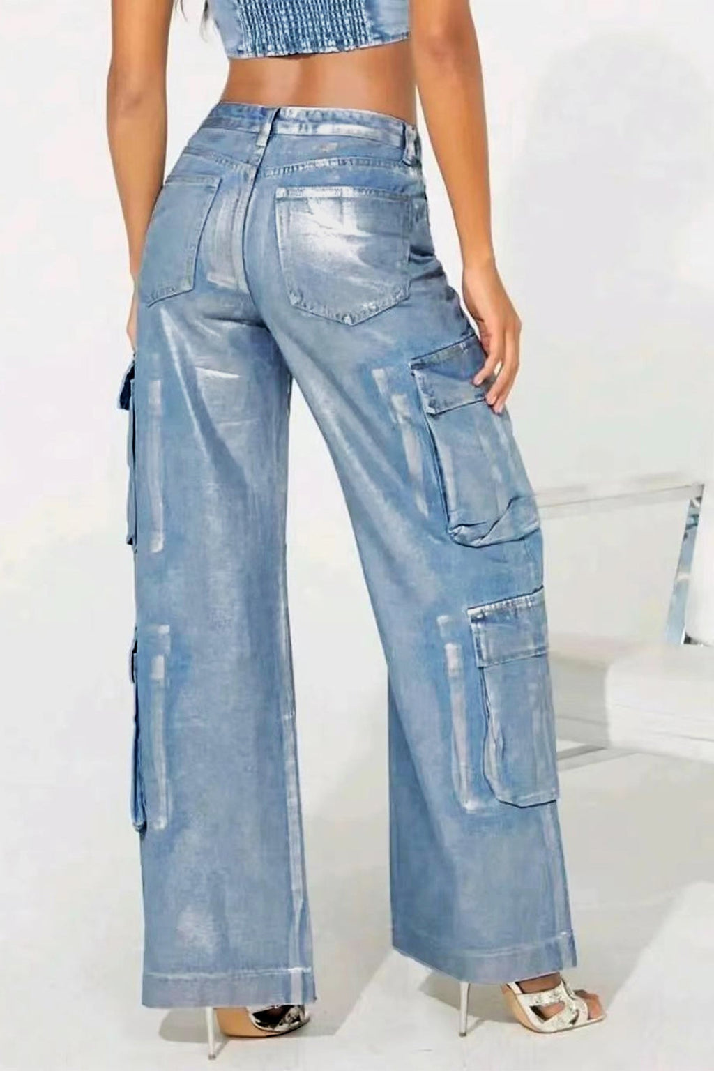 Hot Silver Elastic Cargo Jeans Lavish Daily