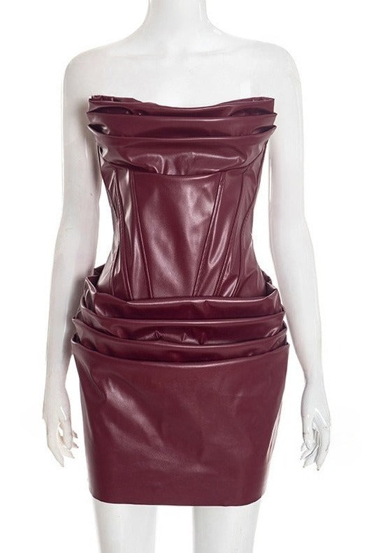 Ruched Leather Bodycon Mini Dress LavishDaily