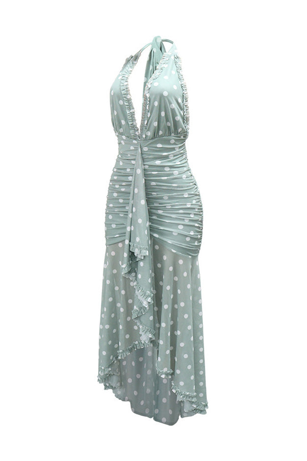 Plunging Halter Ruched Ruffle Maxi Dress Lavish Daily