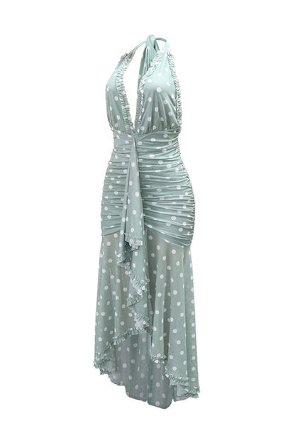 Plunging Halter Ruched Ruffle Maxi Dress Lavish Daily