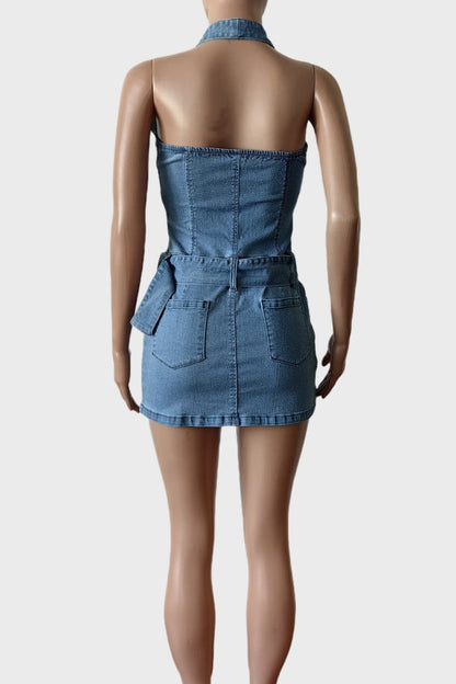 Halter Denim Belt Mini Dress Lavish Daily