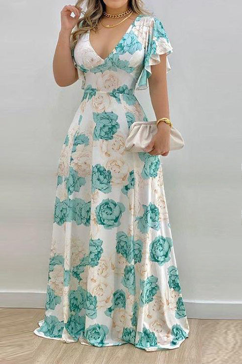 Elegant V-Neck Cinched Waist Print Maxi Dress Lavish Daily