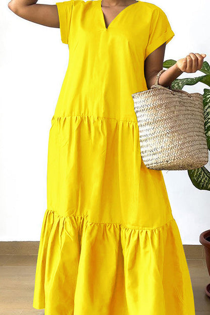 V-Neck Tiered Flowy Smock Maxi Dress Lavish Daily