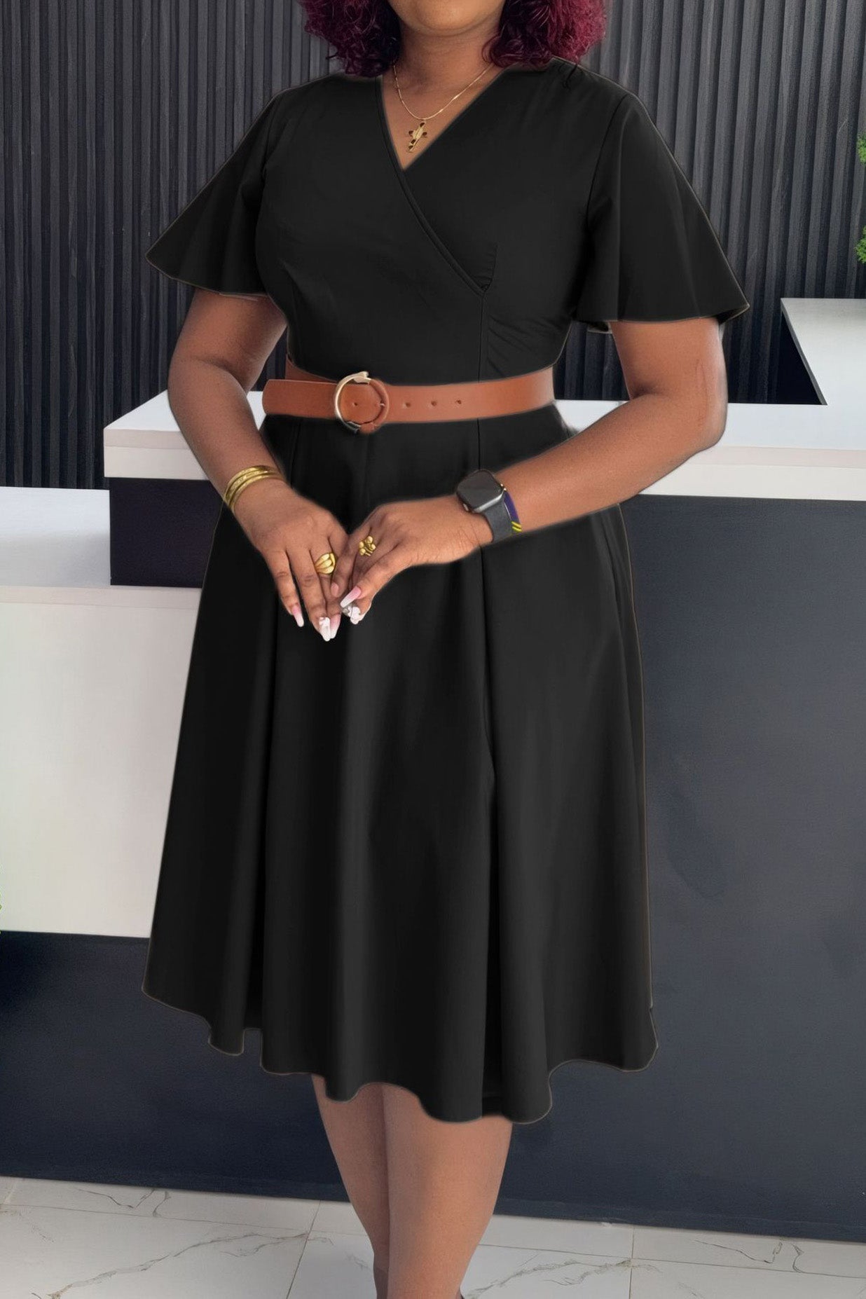 V-Neck Flare Sleeve Casual A-Line Dress Lavish Daily