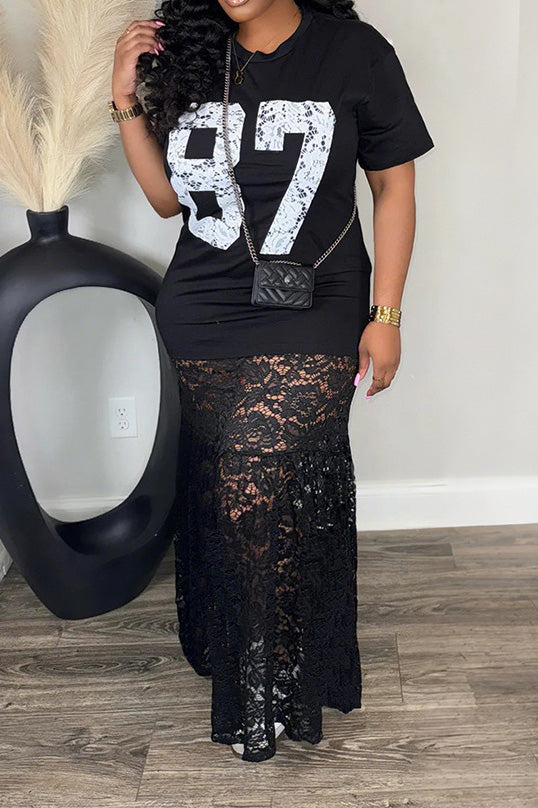 Round Neck Printed Lace Splice Maxi Dress Lavish Daily