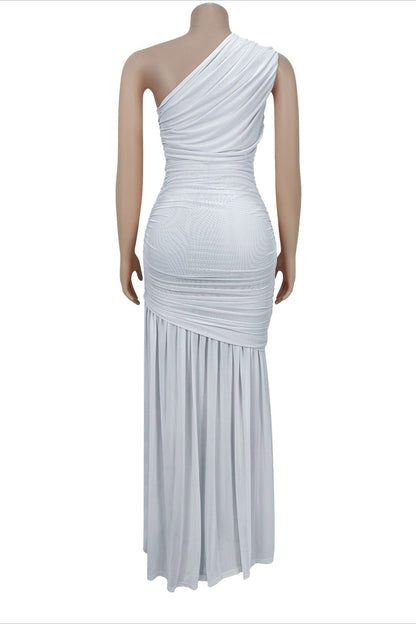 One-Shoulder Ruched Mesh Maxi Dress Lavish Daily