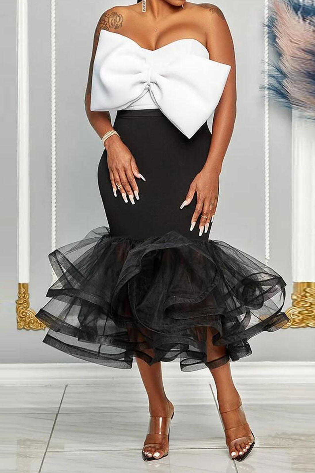 High Waisted Bottom Ruffled Tulle Midi Skirt Sets Lavish Daily
