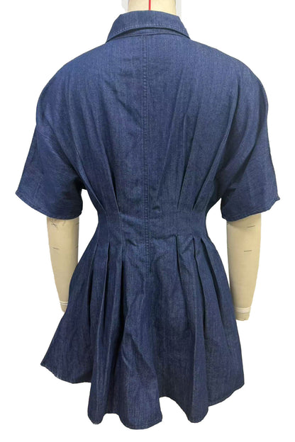 Dark Wash Pleated Waist Denim Mini Dress Lavish Daily