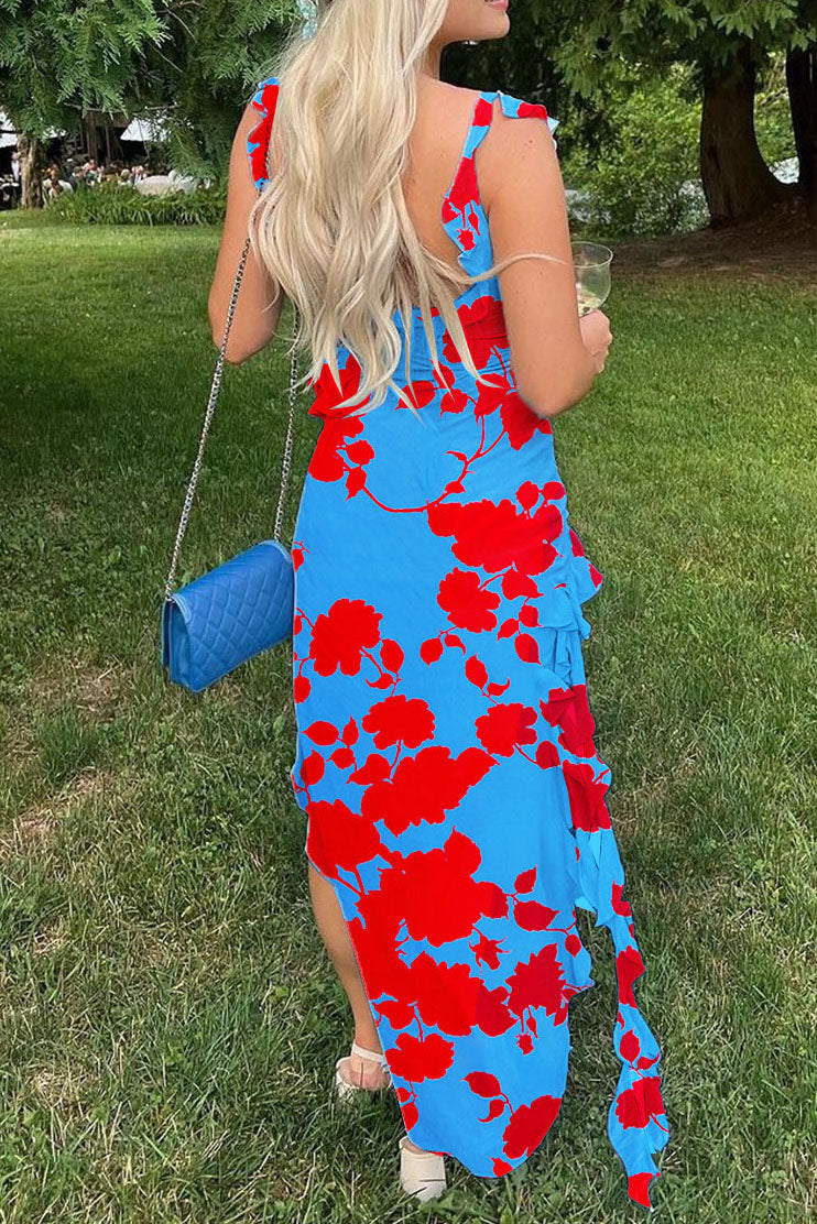 Long Strapless Dress With Slits and Tropical Print Lavish Daily