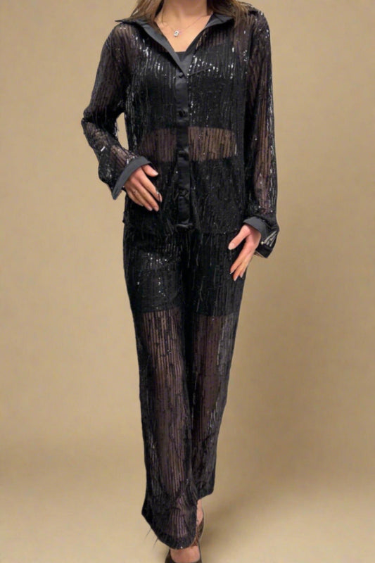 Sequin Shirt & Bell Bottom Pants Set Lavish Daily