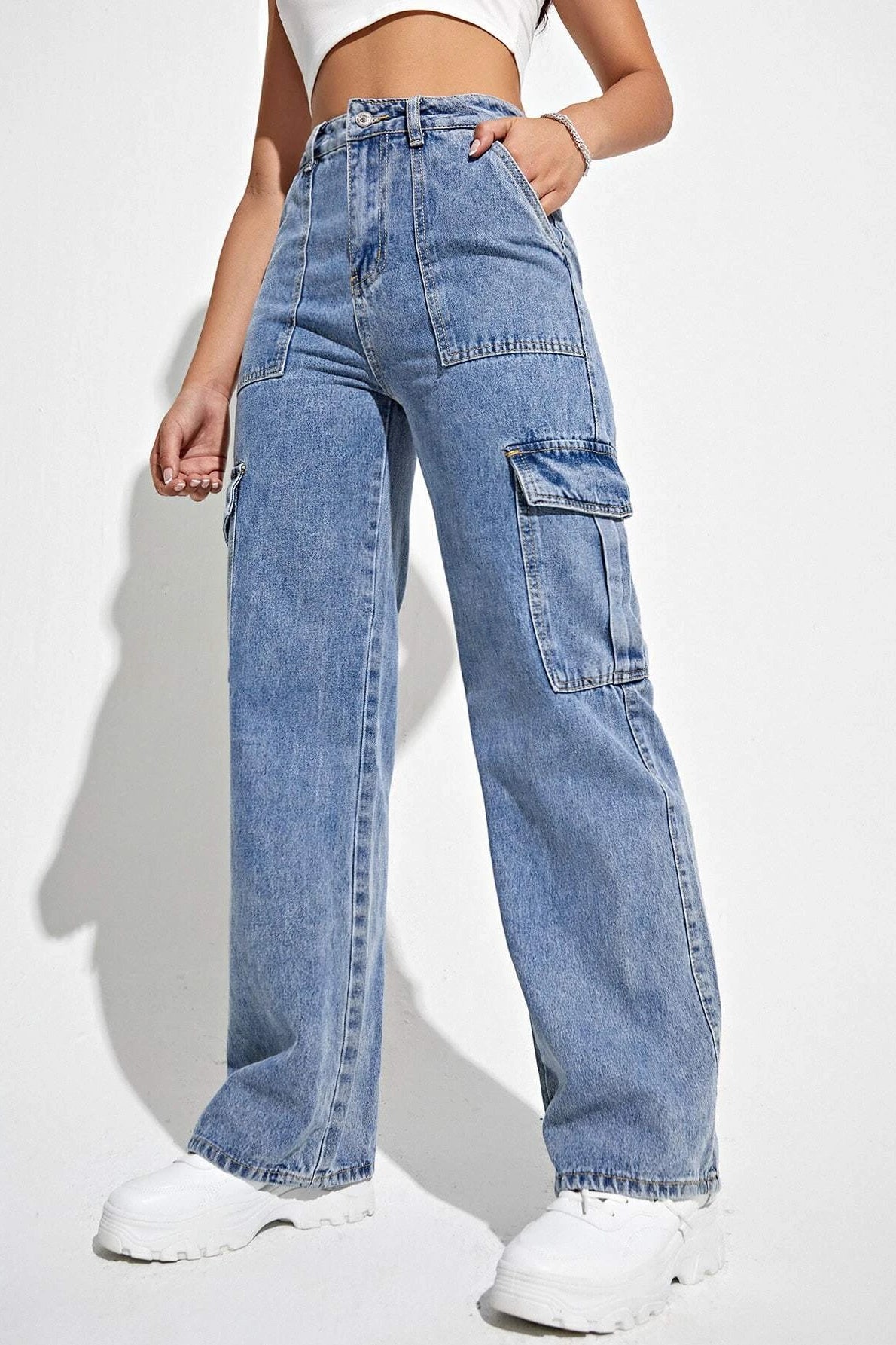 High Waist Flap Pocket Side Cargo Jeans Lavish Daily