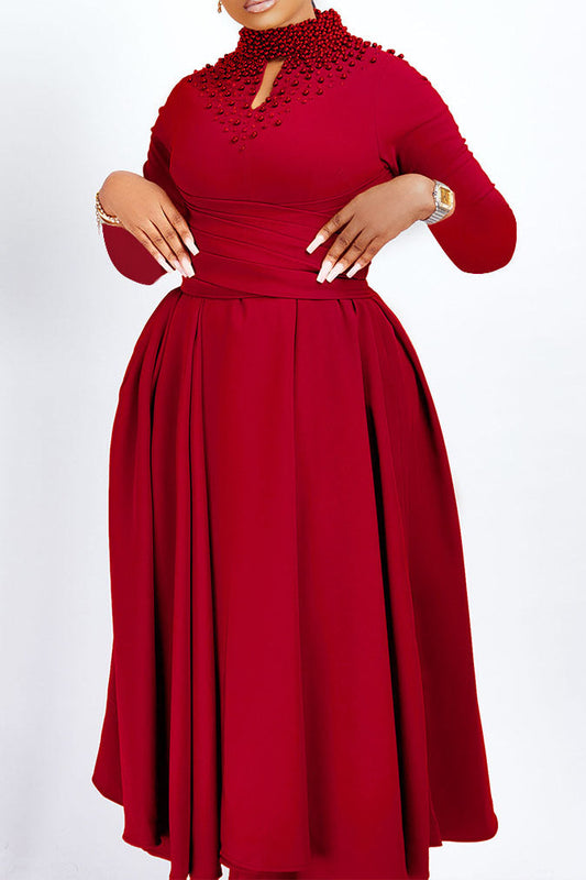 High Collar Elegant Beaded Large Swing Dress Lavish Daily