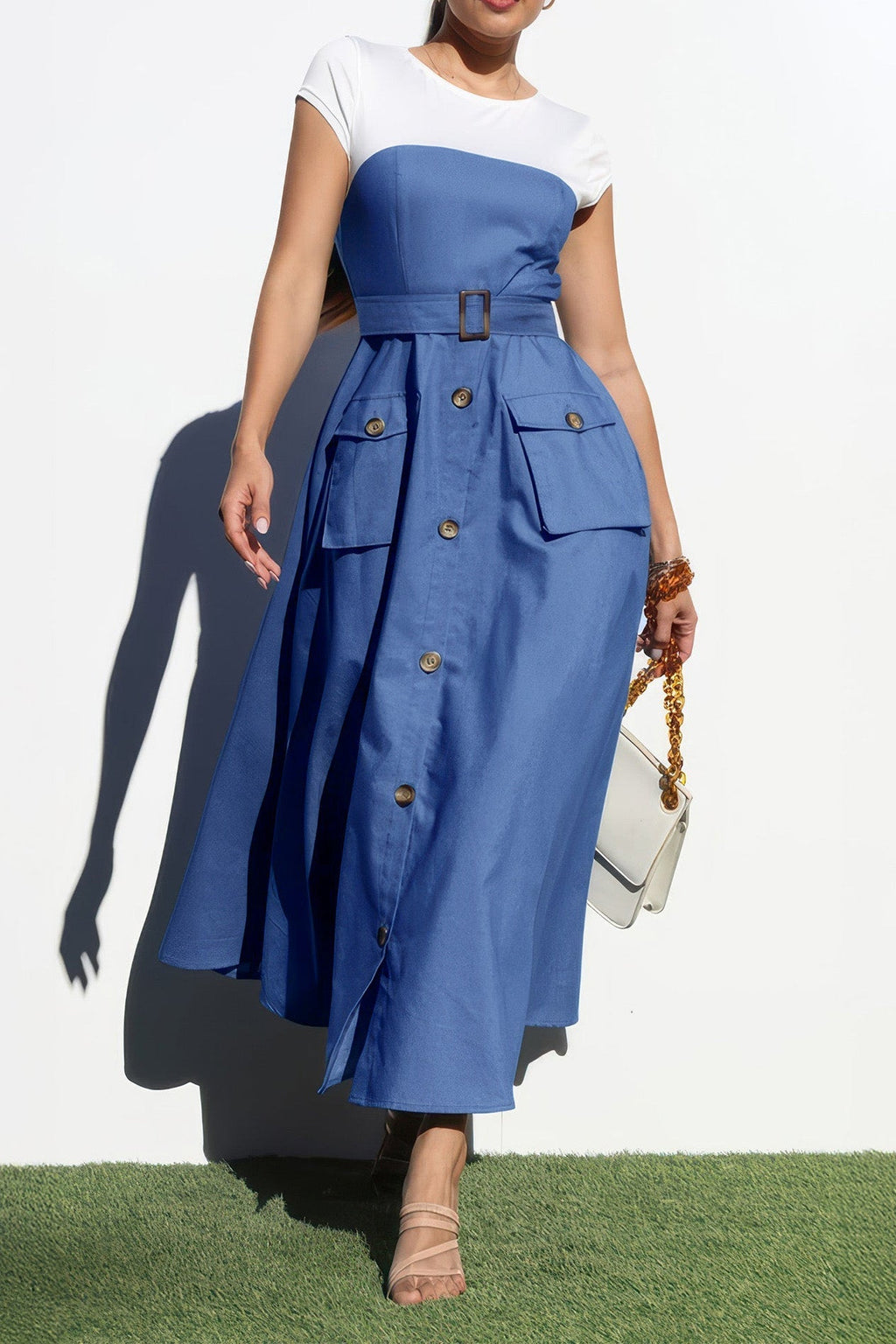 Elegant Denim Patchwork Pocket A-Line Dress Lavish Daily