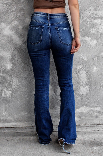 High Waist Distressed Raw Hem Flare Jeans Lavish Daily