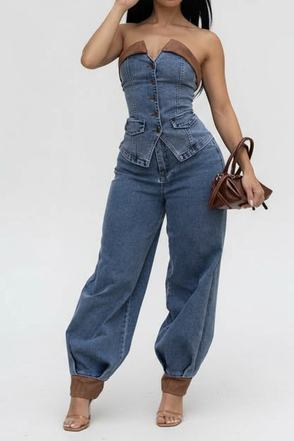 Strapless Stretch Denim Two-Piece Set Lavish Daily