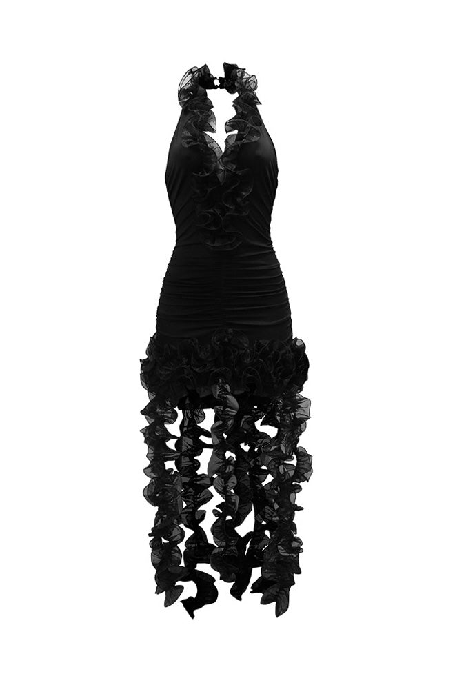 High Neck Cut Out Front Frilly Mini Dress Lavish Daily