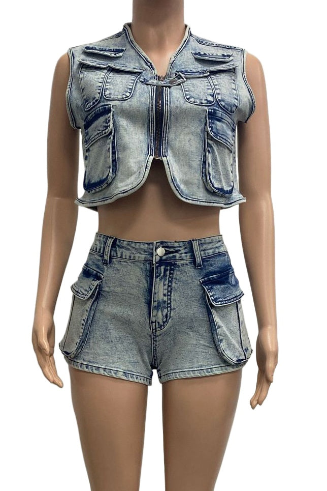 Denim Utility Vest & Stretch Shorts Set Lavish Daily