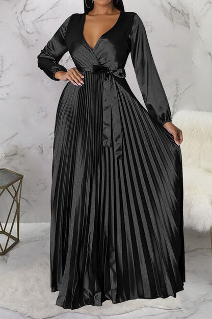 Faux Silk Pleated Tie-Waist Maxi Dress Lavish Daily