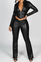 Faux Leather Zip Jacket & Flare Pants Set Lavish Daily