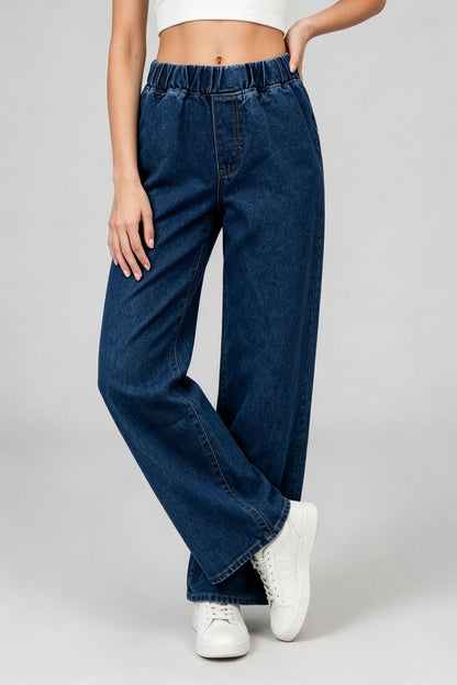 Elastic Waist Non-Stretch Wide Leg Jeans Lavish Daily