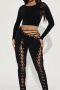 Long Sleeve Crop Top and Lace-Up Pants Set Lavish Daily