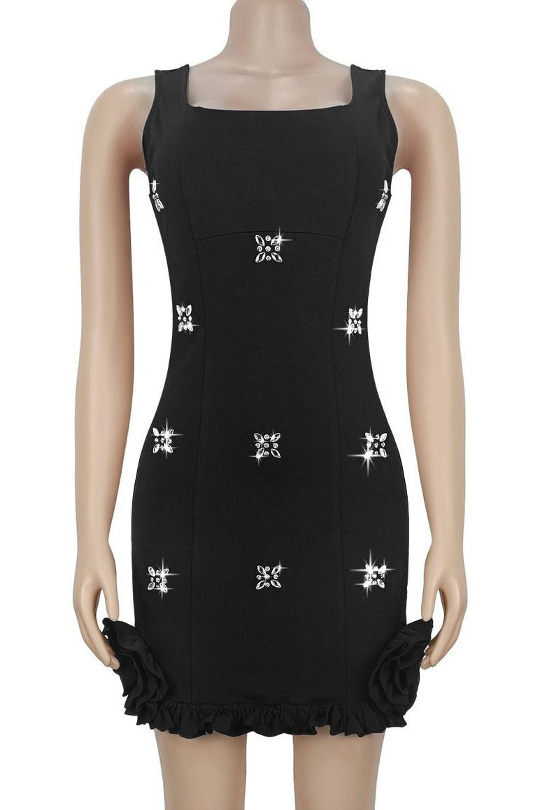 Rhinestone 3D Rosette Hem Mini Dress Lavish Daily