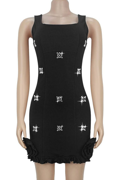 Rhinestone 3D Rosette Hem Mini Dress Lavish Daily