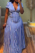 V-Neck Puff Sleeve Striped Maxi Dress Lavish Daily