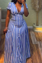 V-Neck Puff Sleeve Striped Maxi Dress Lavish Daily
