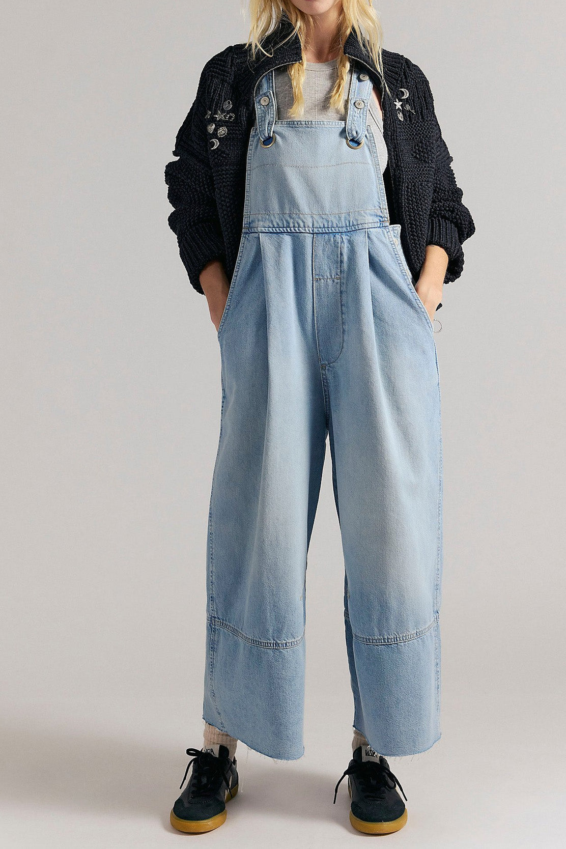 Pleated Wide Leg Denim Overalls