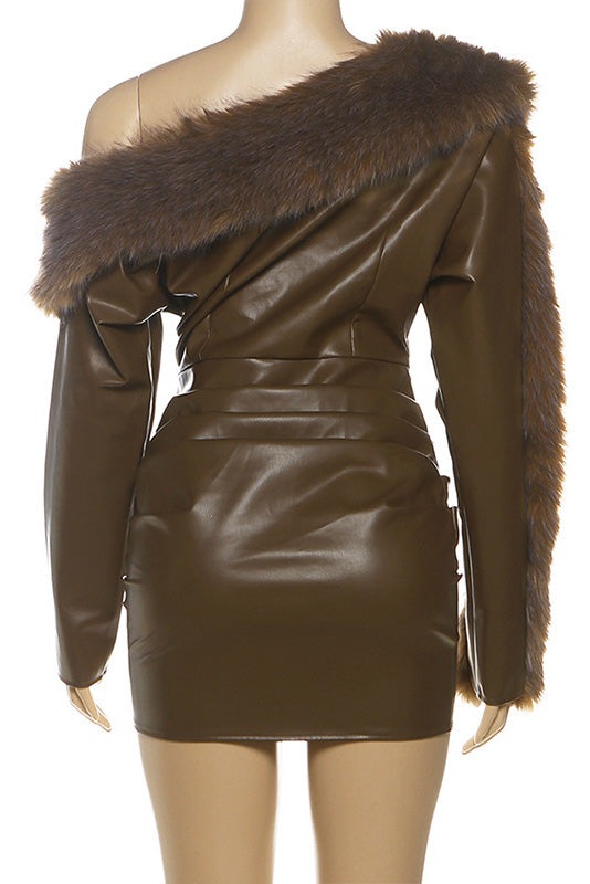 PU Faux Fur One Shoulder Dress Lavish Daily