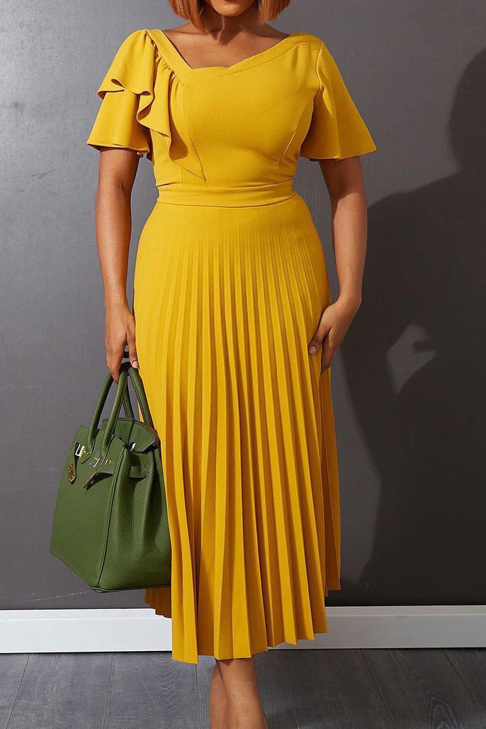 Pleated Flounce Sleeve Slim Fit Dress Lavish Daily