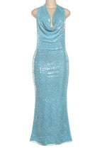 Sequin Halter Cowl Neck Backless Slit Dress Lavish Daily