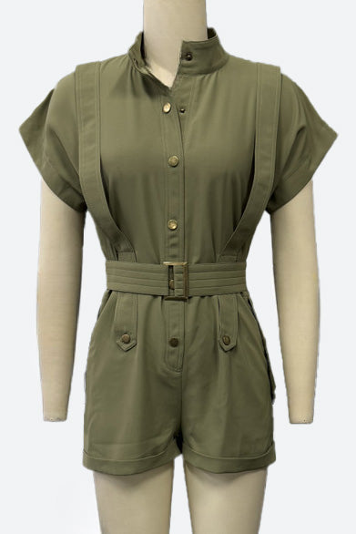 Button-Front Belted Romper Lavish Daily