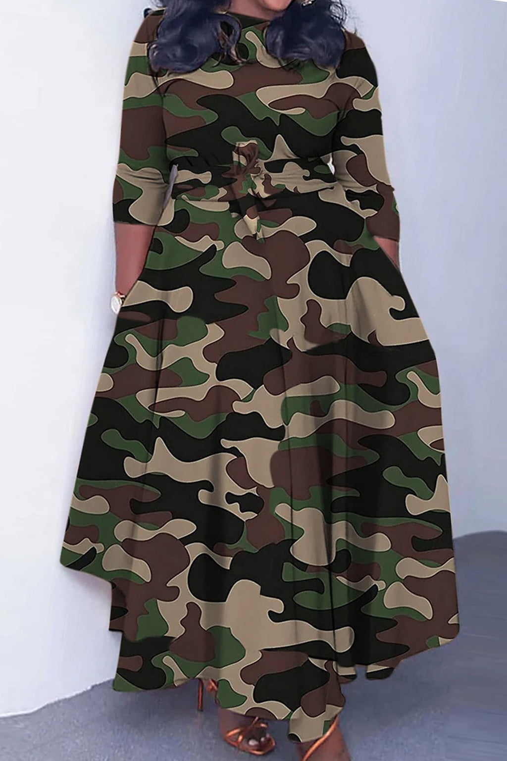 Print Crew Neck Half Sleeve Belted Dress Lavish Daily