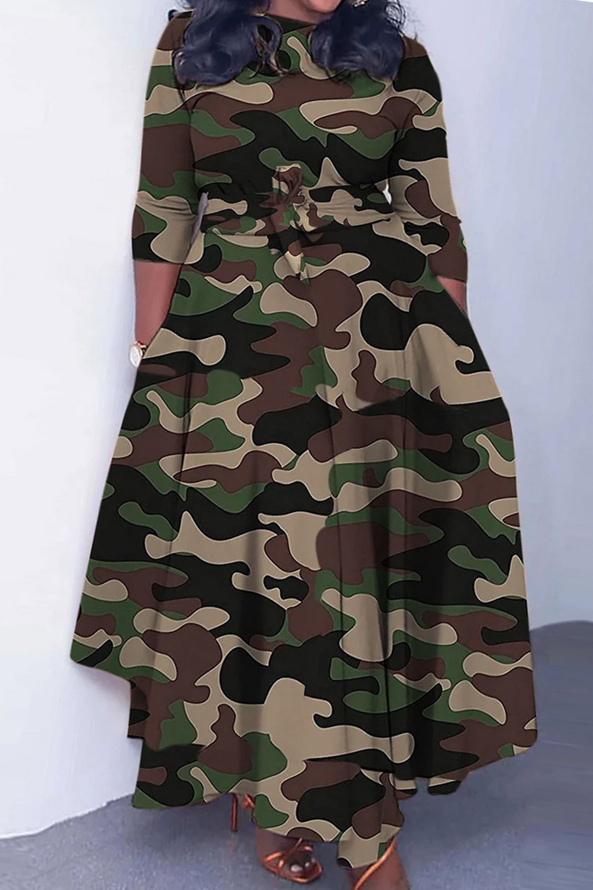 Print Crew Neck Half Sleeve Belted Dress Lavish Daily
