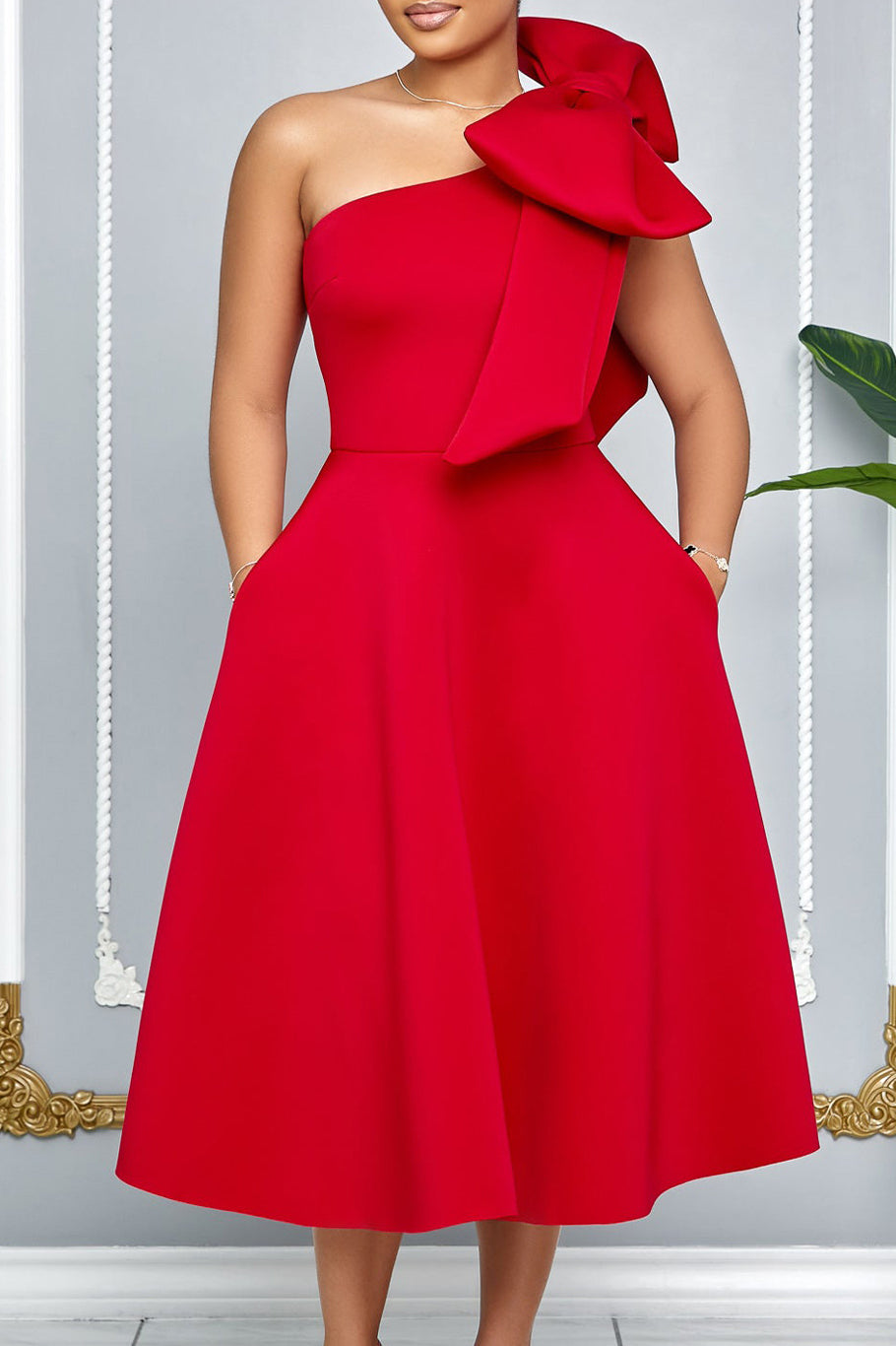 Single Shoulder Bow Detail Flare Midi Dress Lavish Daily