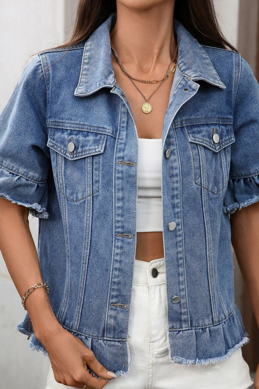 Ruffled Raw Hem Short Sleeve Denim Jacket Lavish Daily